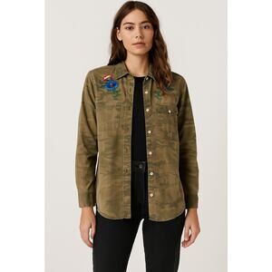 Lucky Brand Floral Embroidered Camo Utility Shirt Army Green Boho Y2K Grunge SML